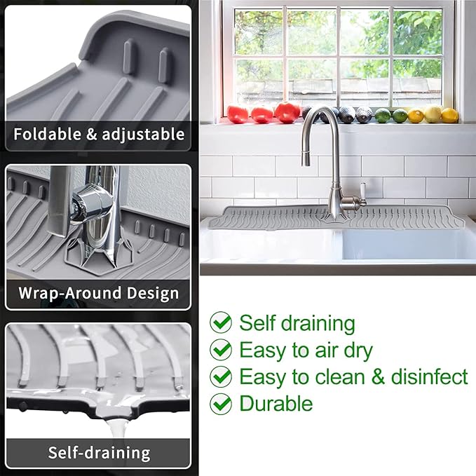 Kitchen Faucet Sink Splash Guard, 24" x 5.6'' Upgrade Silicone Faucet Water Catcher Mat, Sink Draining Pad Behind Faucet, Rubber Drying Mat for Countertop, Bathroom, Farmhouse, RV (Grey)
