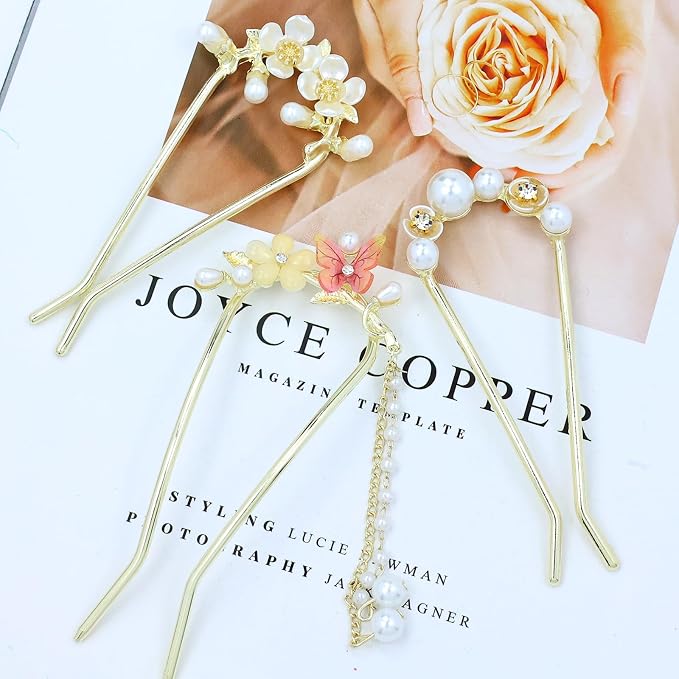 Lawie 10 Pack Cute Flower Butterfly U Shaped Gold Metal Hair Fork Pins Curved Chopsticks for Hair Sticks with Dangles French Hair Pins Bun Holder Decorative Hair Accessories for Women Girls (Gold A)