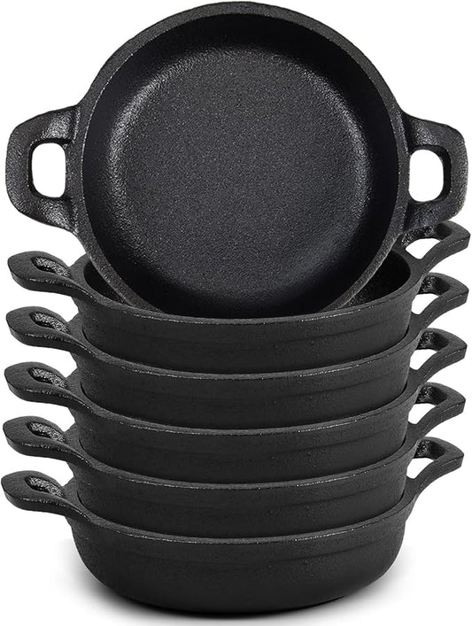 Mini Cast Iron Skillets 5 x 5 x 1.3 Inch Cast Iron Pan Small Ramekin Set Black Casserole Dish Cookware Oven Safe Mini Skillets for Kitchen Indoor Outdoor Picnic (6 Pack)