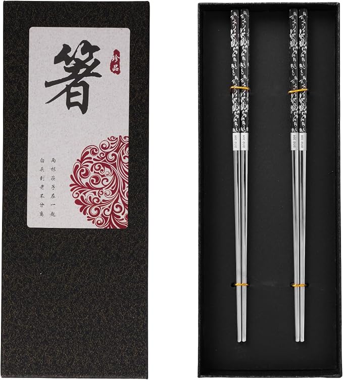 Rbenxia Metal Steel Chopstick Stainless Steel Spiral Chopsticks 9.25 Inches Long Lightweight Chopstick Set Reusable Classic Style for Kitchen Dinner 2 Pairs Black Silver