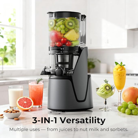 EanOruus Juicer Machines, 3-in-1 Cold Press Juicer, Premium Gray | Makes Juice, Nut Milk & Sorbet, 6.5" Extra Large Chute, 100oz Large Capacity, AC Motor