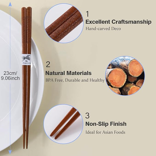 Reusable Chopsticks，GLAMFIELDS Japanese Natural Wooden 5 Pairs Hand-Carved Classic Style Lightweight Safe Chop Sticks 8.8 Inch/22.5cm Gift Set
