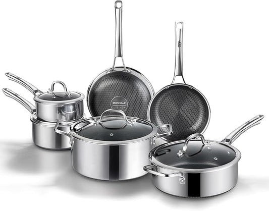 Non Stick Frying Pans Set, 10 pcs, Hybrid Frying Pans Nonstick,non stick Skillets Stainless Steel, Dishwasher & Oven-Safe, Induction Compatible Cooking Pan, PFOA Free Cookware