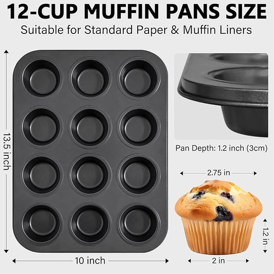 4 Pack Muffin Pan for Baking, Standard Cupcake Pan with 200 Natural Cupcake Liners, Muffin Tin Nonstick 12 Cup, Carbon Steel Muffin Cupcake Tary Baking Supplies