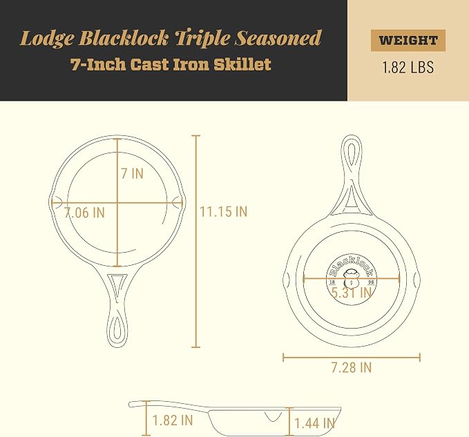 Lodge Blacklock 7" Triple Seasoned Cast Iron Skillet - Lightweight - Easy Cleanup - Premium Cookware