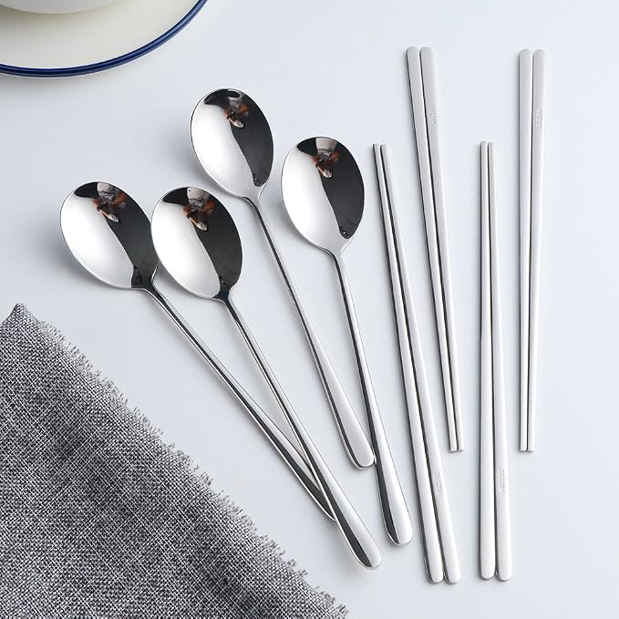 Buyer Star 4 Set Silver Korean Chopsticks Spoon Set Reusable Metal Stainless Steel Spoon Chopstix Set