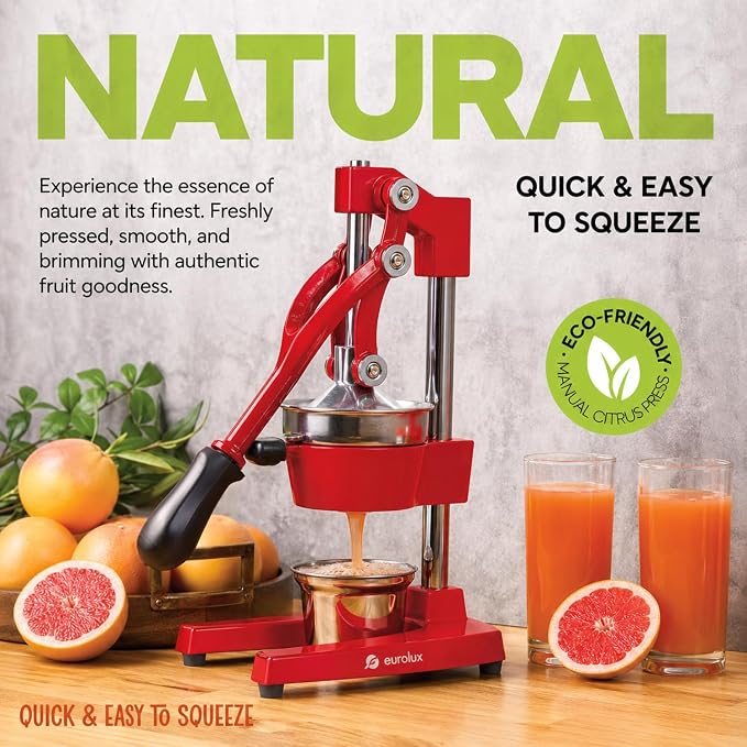 Eurolux Ultra-Premium Cast Iron Juicer | Extra-Large, Heavy Duty, Commercial Grade, Stainless Steel Manual Hand Press Citrus Squeezer For Fresh Orange Juice, Pomegranate, Lemon, and Much More (Red)