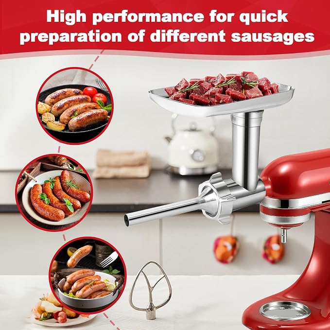 Meat Grinder Attachment for KitchenAid Stand Mixer – Metal Food Grinder with 4 Grinding Plates, 3 Sausage Stuffer Tubes & 2 Blades – Compatible with KitchenAid Mixers (Mixer Not Included)
