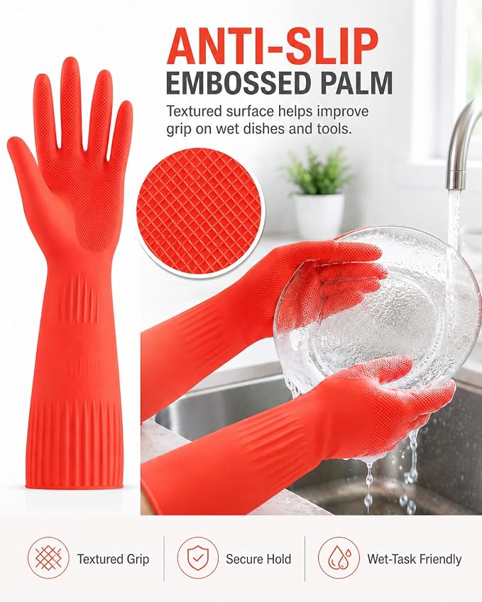 Disfore Rubber-Gloves Dishwashing Gloves for Cleaning-Kitchen - 2 Pairs Long Household Cleaning Gloves for Washing Dishes