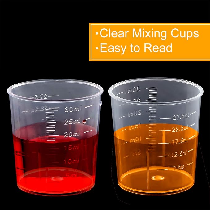 Coopay Plastic Graduated Cups Tools - 100 Pack 30ml/1oz Transparent Scale Measuring Cups,100 Pack Wooden Stirring Sticks and 3ml Transfer Pipettes for Resin, Epoxy, Stain, Mixing Paint