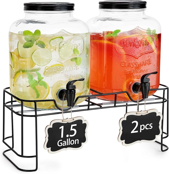 FavorFlavor 1.5 Gallon Drink Dispenser : 2P Glass Dispenser w/Metal Stand | Stainless Steel Spigot-Large Dispenser for Lemonade/Juice/Sun Tea/Drinks-Ideal for Home Gatherings&Parties