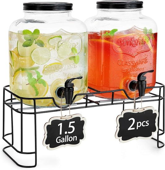 FavorFlavor 1.5 Gallon Drink Dispenser : 2P Glass Dispenser w/Metal Stand | Stainless Steel Spigot-Large Dispenser for Lemonade/Juice/Sun Tea/Drinks-Ideal for Home Gatherings&Parties