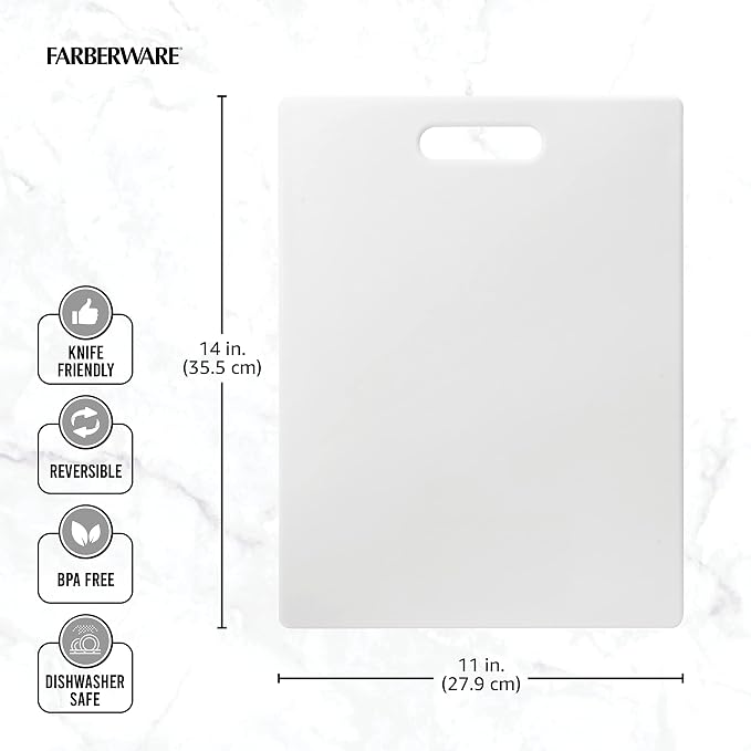 FARBERWARE Large Cutting Board, Dishwasher- Safe Plastic Chopping Board for Kitchen with Easy Grip Handle, 11in by 14in, White