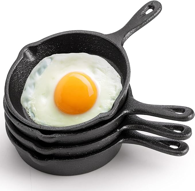 Hiceeden 4 Pack Mini Cast Iron Skillet, 4" Small Frying Pans with Double Drip-Spouts for Stove, Oven, Grill Safe, Indoor and Outdoor Use, Non-stick