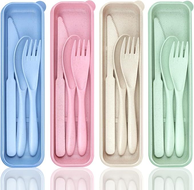 DISSKNIC 4 Sets Portable Utensils Set with Case, Travel Utensils Fork and Spoon Set for Lunch Box Accessories, Reusable Lunch Utensils Set for Work, Travel Accessories Camping Utensil Set and Home Use