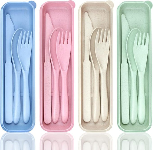 DISSKNIC 4 Sets Portable Utensils Set with Case, Travel Utensils Fork and Spoon Set for Lunch Box Accessories, Reusable Lunch Utensils Set for Work, Travel Accessories Camping Utensil Set and Home Use