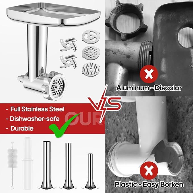 GVODE Stainless Steel Meat Grinder Attachment for KitchenAid Stand Mixer, Meat Grinder for KitchenAid Includes 4 Grinding Plates & 3 Sausage Tubes, Dishwasher-Safe Design with Sausage Stuffer Kit | Meat Grinder for KitchenAid Includes 4 Grinding Plates...
