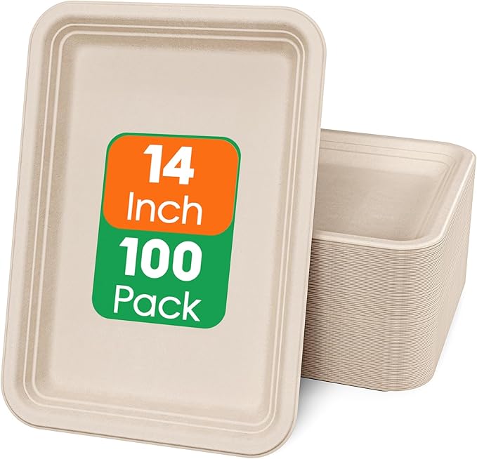 ECOLipak 100 Pack 14 Inch Disposable Food Crawfish Trays, Compostable Large Paper Plates, Disposable Thanksgiving Trays for Serving Food, Turkey, BBQ, Seafood Boil Party Supplies(Nature)
