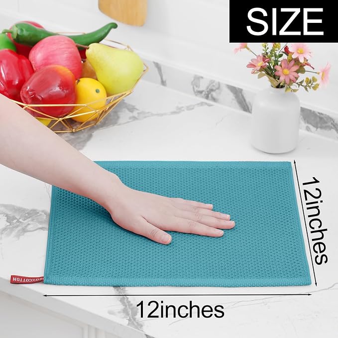 Homaxy 100% Cotton Waffle Weave Kitchen Dish Cloths, 4-Pack, Lake Blue | 12 x 12 Inches, Ultra Soft Absorbent Dish Towels, Quick Drying Dish Rags with Hanging Loop