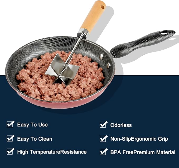 Stainless steel Meat Chopper, 6 Curve Blades Ground Beef Smasher,Potato Masher Utensil,Heat-Resistant Hamburger Meat Smasher,Heavy Duty Wooden Handle