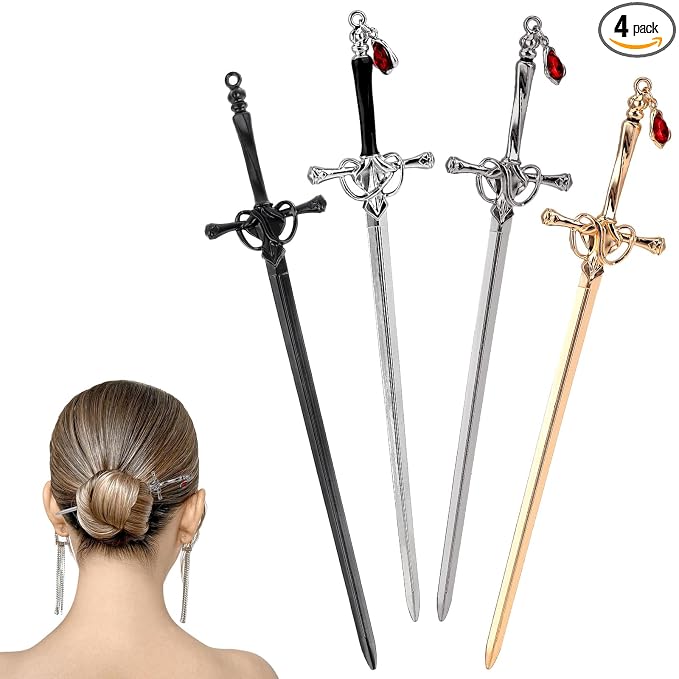 Qianyu 4 Pcs Ancient Style Sword Hair Chopsticks Chinese Style Hair Sticks for Bun Hair Long Hair Classic Vintage Ancient Sword Shape Hair Sticks Women Girl Decorative Accessories Gifts