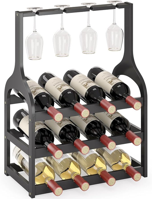 Bamboo Wine Rack Countertop, Small Free Standing Racks Tabletop Display | 12 Wine Bottles and 4 Glass Holder | Wooden Wine Storage Organizer Shelves for Kitchen Bar, Cellar, & Dining Room | Black
