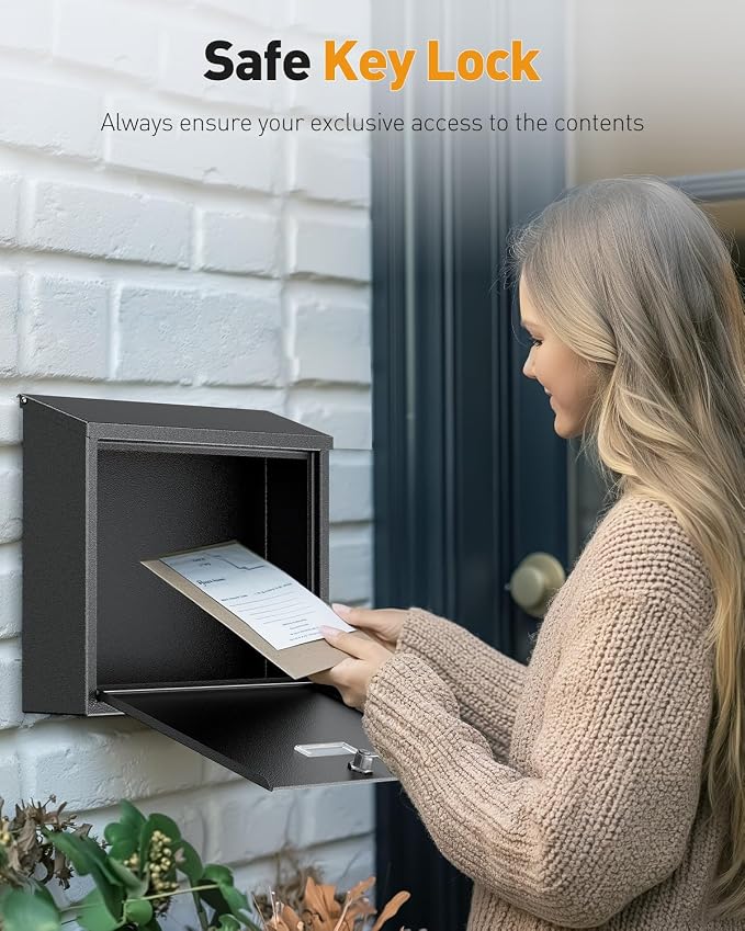 Uniclife Wall Mount Mailbox for Outside, Large Mailbox with Key Lock | Security Mail Box, Postbox for House, Safe Key Drop Case, Steel Cash Drop Case for Home Office School, Black
