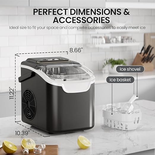 Crzoe Ice Makers Countertop with Handle, 2 Sizes of Ice, 8 Bullet Ice Cubes in 6 Mins, 26Lbs/24H, Portable Ice Maker with Self-Cleaning, Ice Machine for Home&Kitchen&Office&Party