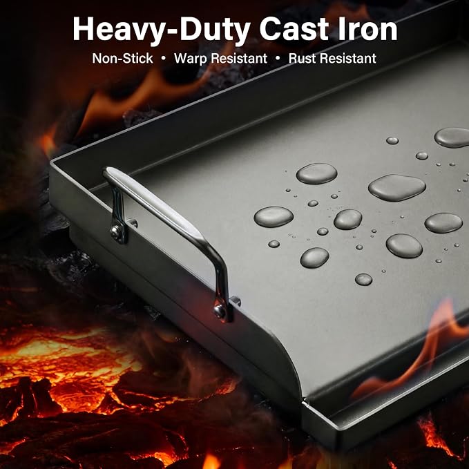 17" x 13" Cast Iron Flat Top Griddle - Oil Coating Non-Toxic - Universal Grill Insert with High Sidewalls, Fits Gas/Charcoal/Electric Grills (Weber, Charbroil, Nexgrill, More)