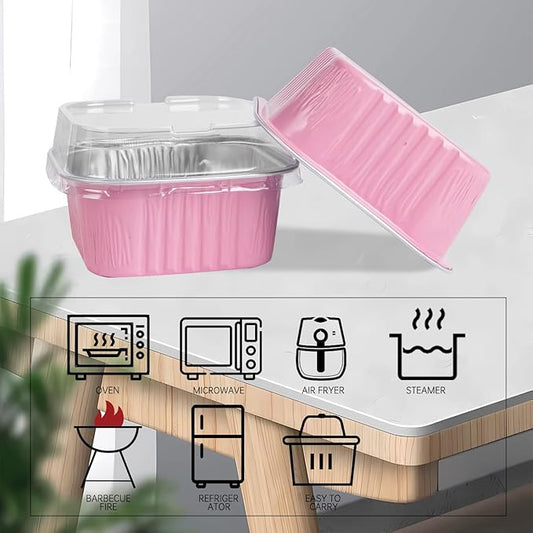 50 Pcs Mini Square Baking Cups with Lids,5oz Aluminum Foil Mini Cake Pans with Lids,Disposable Ramekins Cake Pans,150ml Dessert Cups Cupcake Pans for Wedding Birthday Party,Pink