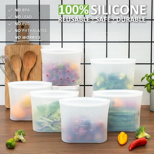 100% Silicone Reusable Storage Bag Quart Size, 6 Pack Stand-Up Wide-Mouth Zip-Lock Food Storage Bags, Easy-Fill Easy-Open Easy-Clean Space-Saving, Microwave & Dishwasher Safe, 34oz, Translucent