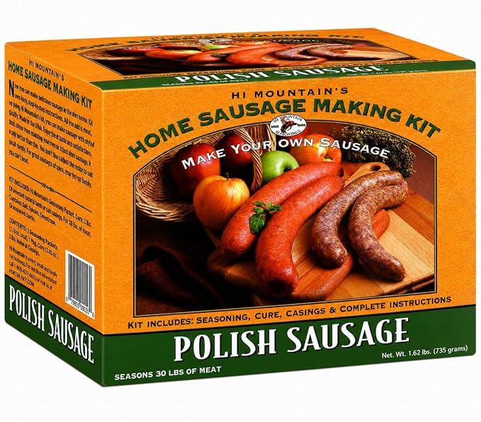 Hi Mountain POLISH Sausage Kit | Makes up to 30 lbs | Complete sausage making kit with cure, natural hog casings & directions. Perfect for pork, beef, venison, deer, & elk
