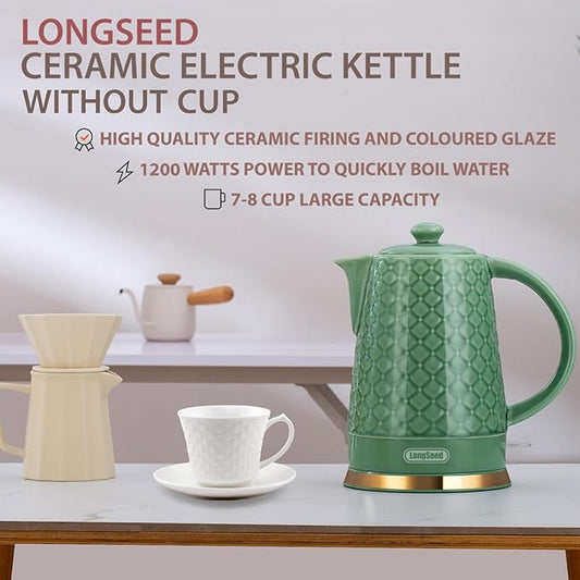 Ceramic Electric Kettle, 1.5L/1200W Boil Water Quickly and Easily with Boil-Dry Protection Auto Shut Off, Detachable Swivel Base, Green Relief Carving