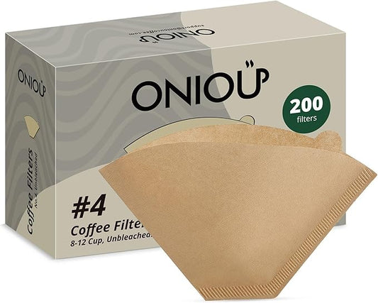 200 Count Coffee Filters #4, ONIOU Number 4 Cone Coffee Paper Filters 8-12 Cup Unbleached, Natural Coffee Filters 4 Cone Paper for Ninja Cuisinart Coffee Makers