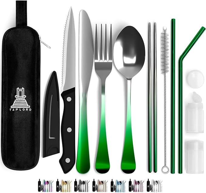 Taplord Portable Travel Silverware Set With Case - Includes 10 Pcs of Utensils, Stainless Steel Flatware For Camping, Easy to Travel, Lightweight (Green Two Tune)