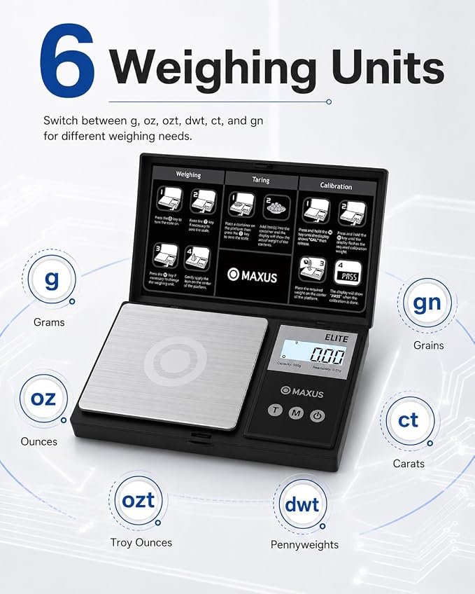 MAXUS Digital Pocket Gram Scale 500g x 0.01g High Precision with Tray, Weighs Small Food, Jewelry, Ounces, Grains, LCD Display, Tare Function