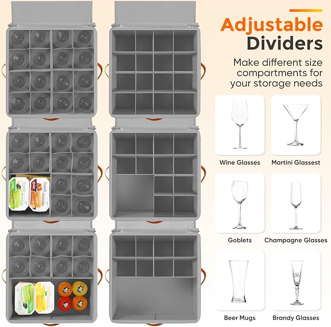 Foyego Wine Glass Storage Box, 2 Pack, Gray | 32 Adjustable Dividers, Hard Shell, Stackable China Storage Containers Holds Stemware, Glassware, Crystal for Packing&Moving
