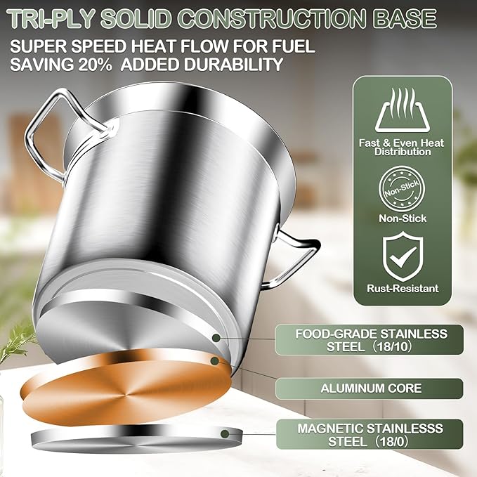 Stainless Steel Stockpot – 50QT Stock Pot with Lid, Heavy-Duty Tri-Ply Bottom Cooking Pot for Canning, Boiling Beer Brewing, Soup, Seafood Boil – Satin Finish Stainless Steel Soup Pots