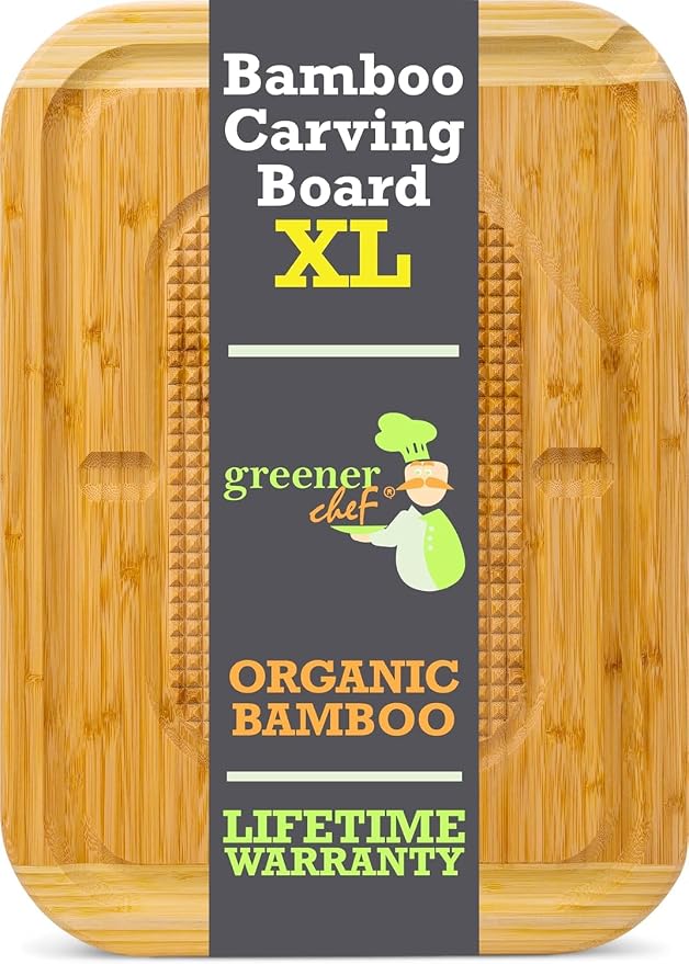 GREENER CHEF 18 Inch Extra Large Organic Turkey Carving Board with Lifetime Replacements - XL Wooden Butcher Block Meat Cutting Board with Pour Spout - Thanksgiving Cooking Essentials