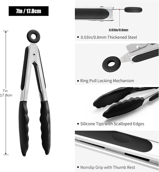 Doosu Kitchen Tongs for Cooking - 600°F Heat Resistant Food Tong with Non-Scratch Silicone Tips, Heavy Duty Stainless Steel Locking Tong for BBQ, Grilling Steak, Serving Salad, Pasta (7in, Black)