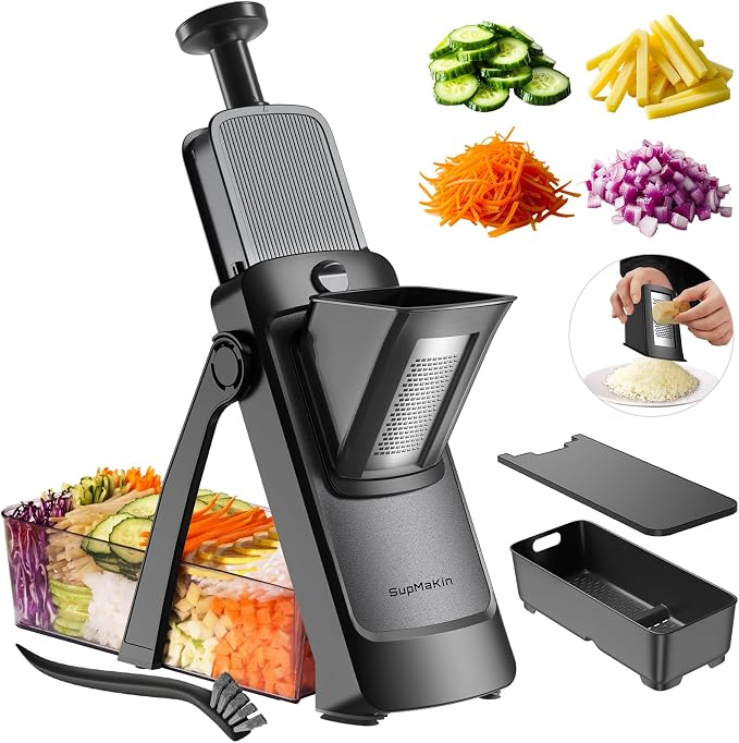 SupMaKin 8 IN 1 Upgraded Safe Mandoline Slicer,Multi Vegetable Chopper,Potato Slicer, Onion Chopper with Drain Basket Storage Container, Cheese Grater Kitchen Chopping Artifact (Black)