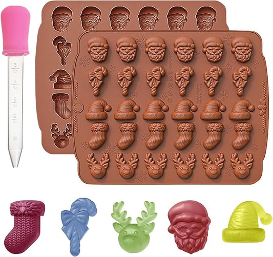 Christmas Candy Molds Silicone Chocolate Mold Christmas Tree Gingerbread Snowman Glove Bell Shape Gummy Mold for Fondant Cupcake Decoration Set of 2(Brown)