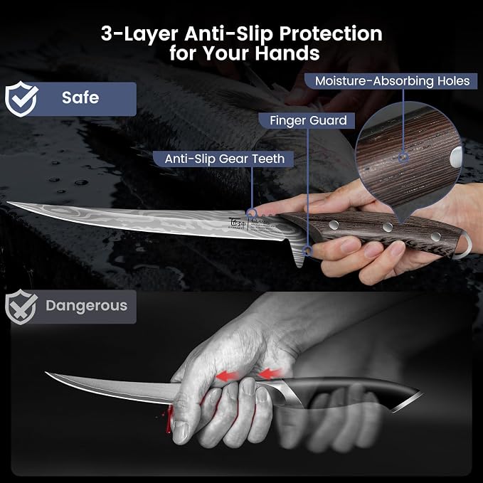 Fillet Knife, 9 Inch Boning Knife with Leather Sheath, Sharp Filet Knives for Fish and Meat, Non-slip Wooden Handle, Professional Japanese Knives For Fishing and Hunting, Outdoor Kitchen Gift