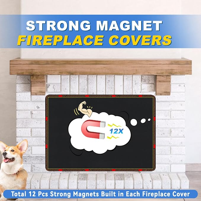 Magnetic Fireplace Cover, Fireplace Draft Stopper with 12 Pieces Strong Magnets, Fireplace Blanket for Heat Loss, Air Blocker for Winter and Summer, 36"x27", Black