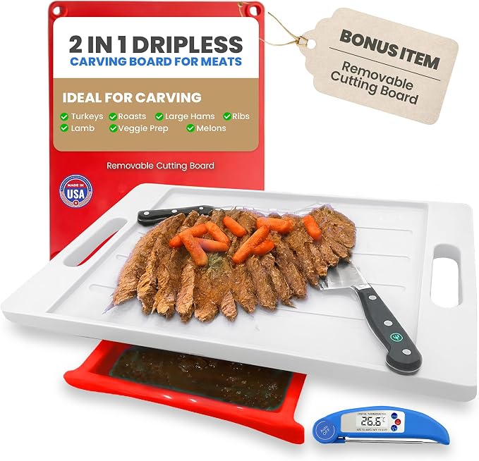 Karving King XL Deluxe Cutting Board - Spikes, Drip Tray & Meat Thermometer
