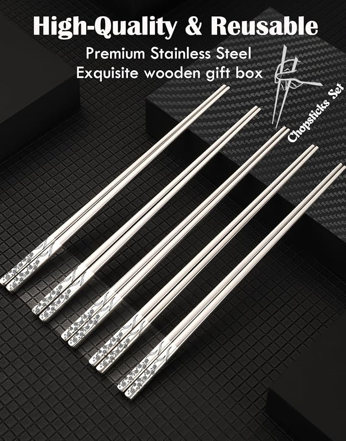Metal Chopsticks Reusable 5 Pairs 18/8 Stainless Steel Chopsticks Orchid | Dishwasher Safe,Non-Slip Grip,Good for Beginners,Come in a Gift Box,SUS304 Resistant to Rust,Square,Chop Sticks Silver,9.25''
