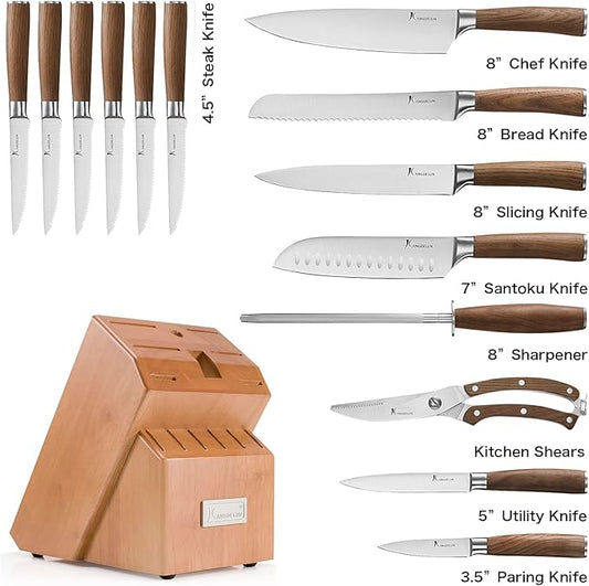 Natura Series 15 PCS Knife Block Set, Ultra Sharp High Carbon Stainless Steel with Wooden Handle