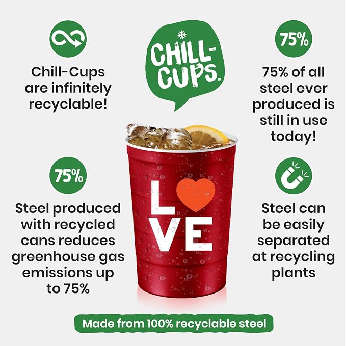 Steel Chill Cups 16 oz. Reusable Party Cups, Love & Heart Design, 12 Count | Made in USA from Steel these durable cups chill fast & keep your drink cold for longer, 100% recyclable for sustainablity