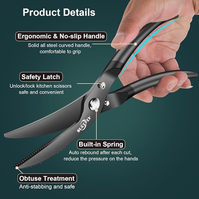 SUCCFLY Kitchen Shears Heavy Duty, Premium Kitchen Scissors Stainless Steel, 8.8" Poultry Shears Ultra Sharp for Bone Chicken Meat, Food Scissors Anti-Slip Handle, Black Titanium Plated, Spring Loaded | Premium Kitchen Shears, Ultra Sharp 420J2 Blade, ...