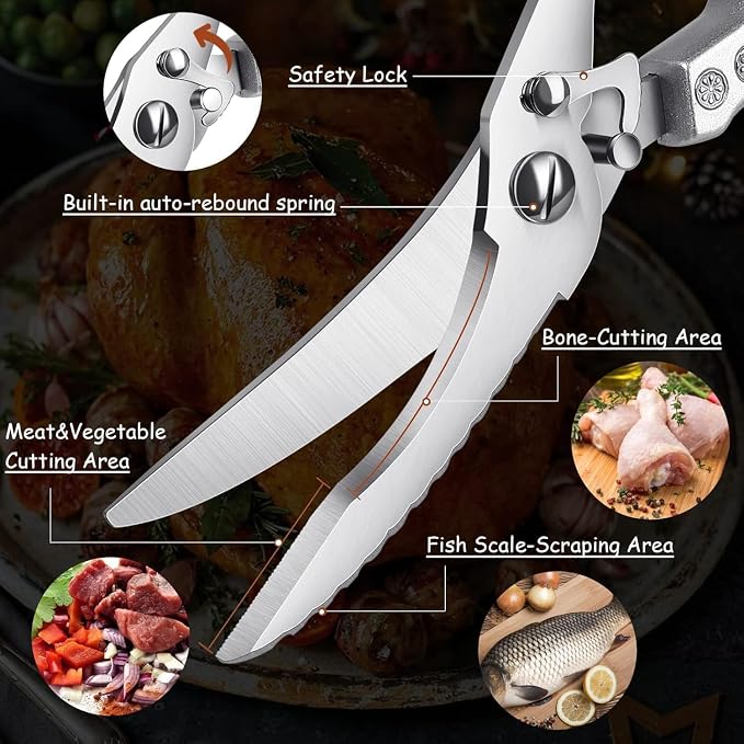 Kitchen Scissors - Heavy Duty Stainless Steel Poultry Shears | Serrated Edge, Multi-Use for Cutting Chicken, Bone, Meat, Turkey and Fish, Gift for Men Women